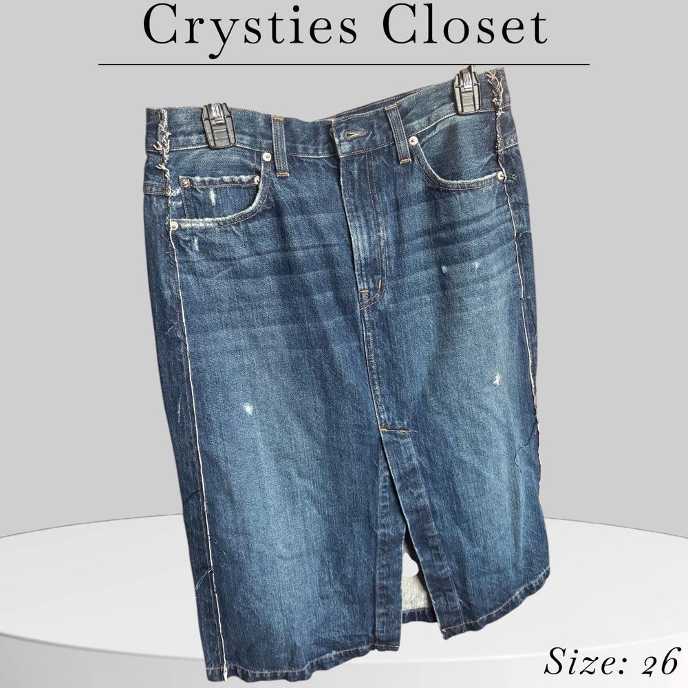 Distressed‎ Denim Skirt Size 26 tagged 25 EDWIN Dark Wash Blue Jean
